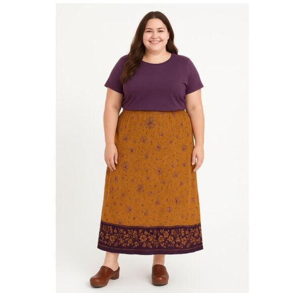 VTG 1990s Plus Size 18W Maxi Skirt Brown Tan Purple 100% Silk Floral Print Wrap - Picture 1 of 5